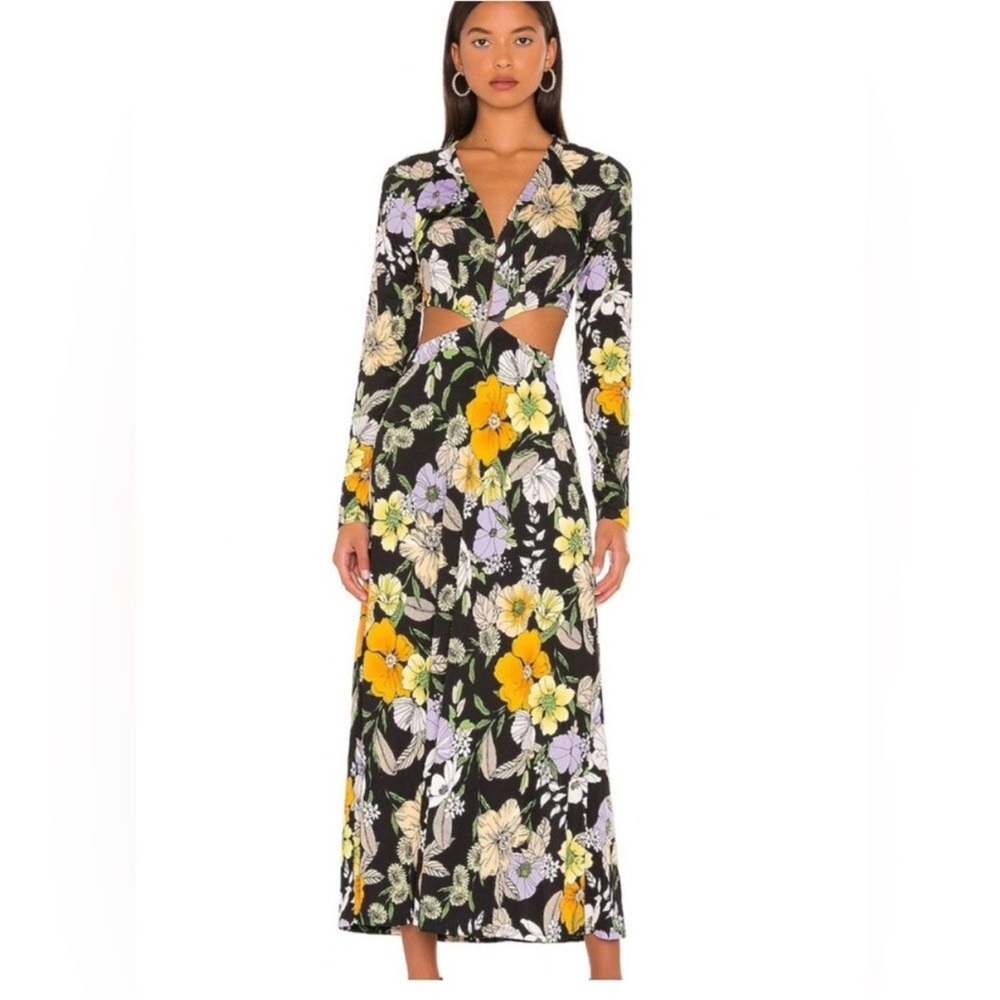 AFRM Floral Long Sleeve Maxi Dress - Black, Yellow, Purple
